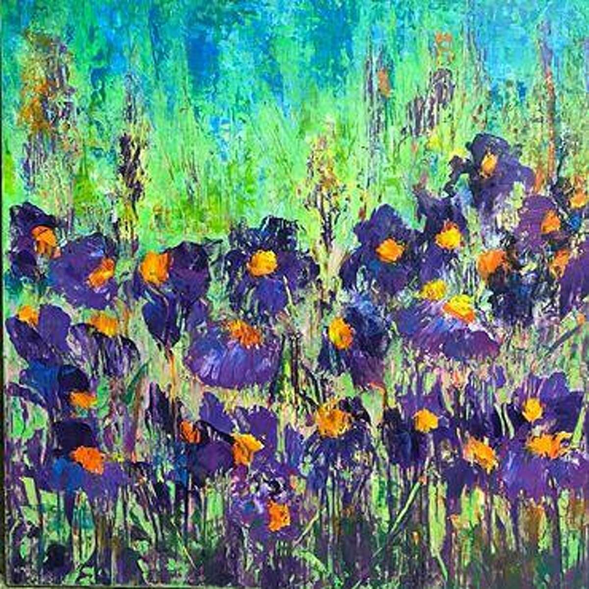 A mixed media painting titled "Flowers by the River" by Wendy Moreland, which is a sample of the artwork she will be exhibiting throughout the month of July at the Gallery at the Madeley Building, Hillson's Design Services and the Conroe Central Market Gallery in downtown Conroe.