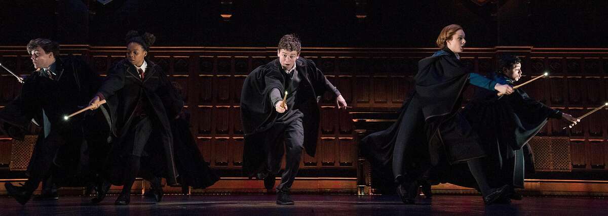 Sam Clemmett, center, in the play "Harry Potter and the Cursed Child" at the Lyric Theater in New York, April 12, 2018. 
