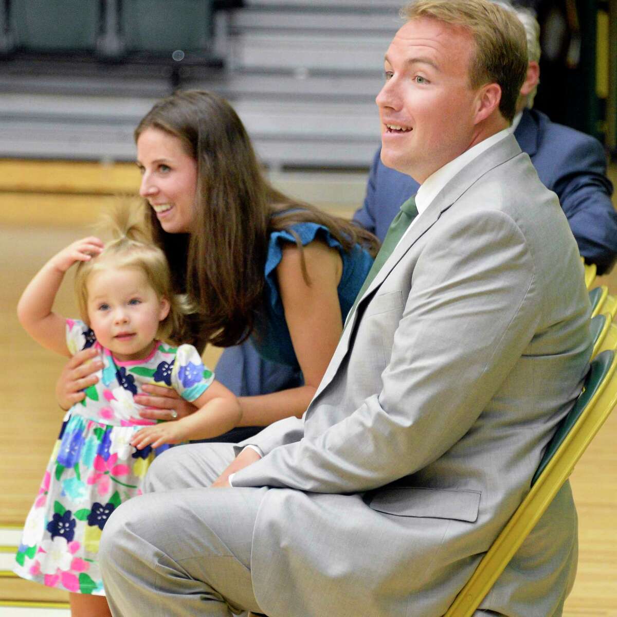 New Siena men?•s lacrosse coach, Liam Gleason with wife Jaclyn and daughter Kennedy, 2, during a news conference Thursday June 28, 2018 in Colonie, NY. (John Carl D'Annibale/Times Union)
