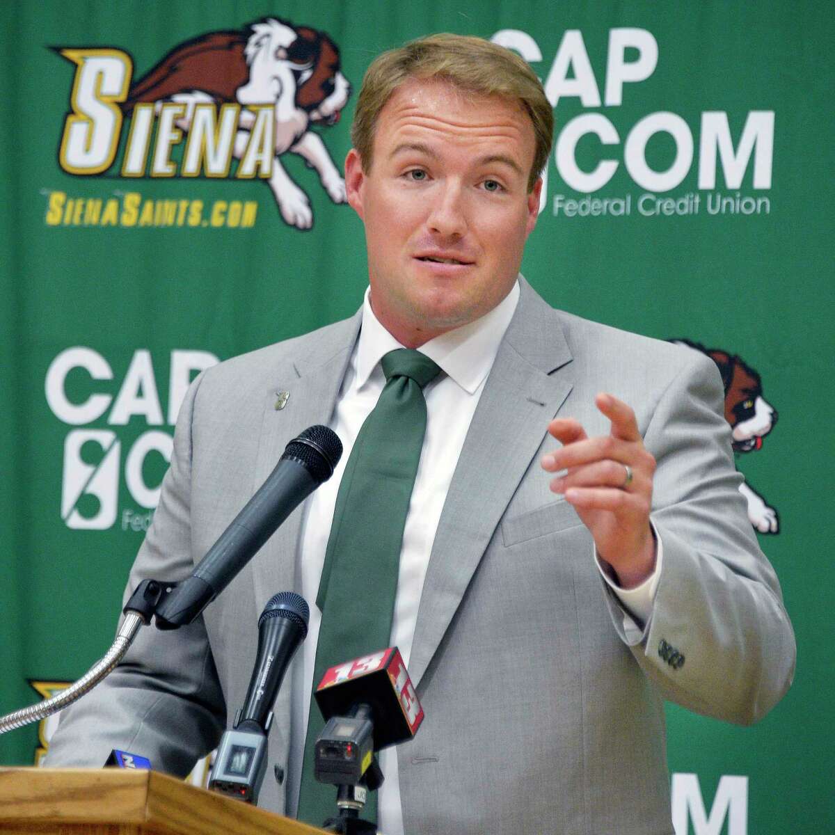 Siena men’s lacrosse's new coach Liam Gleason answers questions during a news conference Thursday June 28, 2018 in Colonie, NY. (John Carl D'Annibale/Times Union)