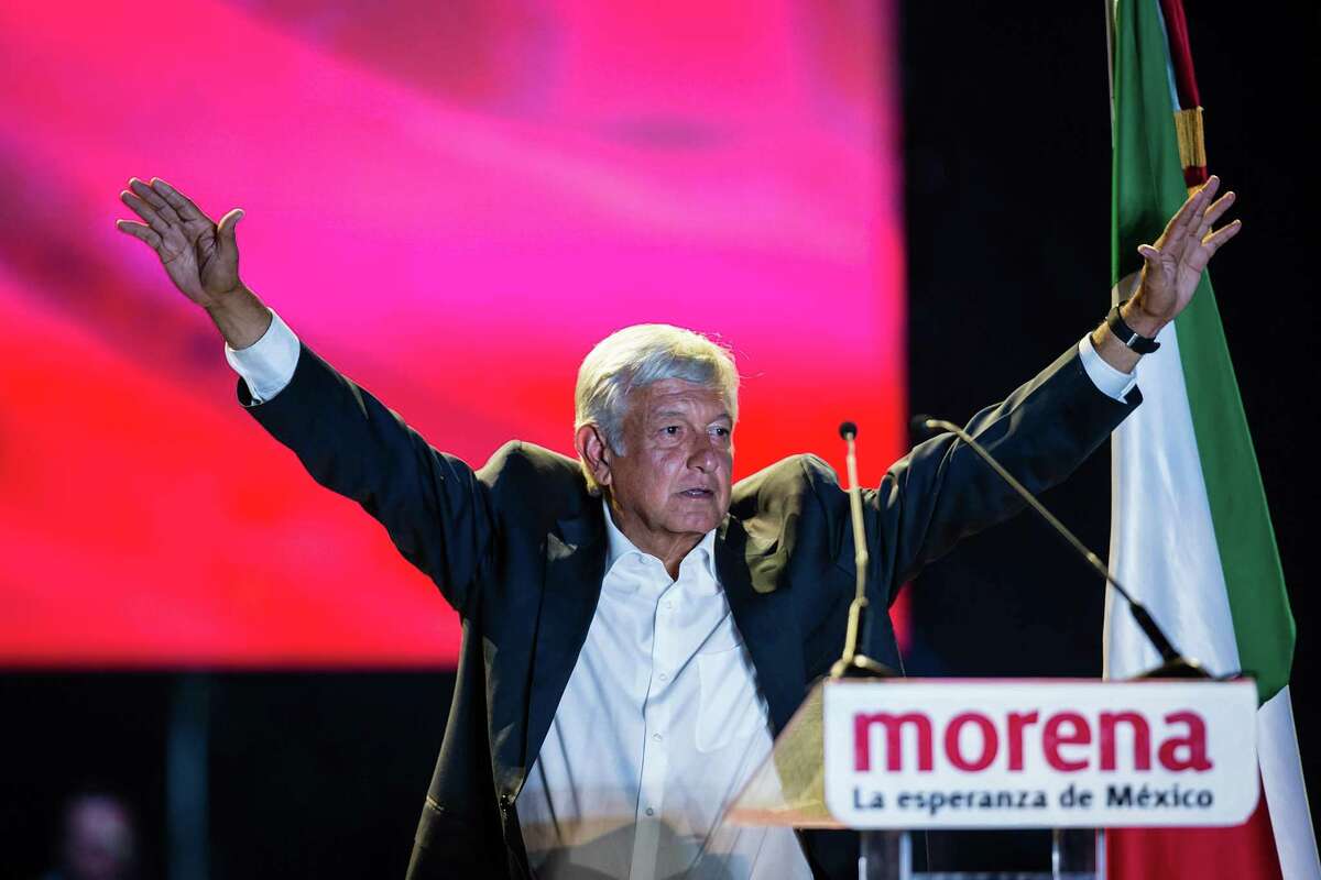 MEXICO CITY, MEXICO - JUNE 27: Presidential candidate Andres Manuel Lopez Obrador delivers a speech during the final event of the 2018 Presidential Campaign at Azteca Stadium on June 27, 2018 in Mexico City, Mexico. (Photo by Manuel Velasquez/Getty Images)