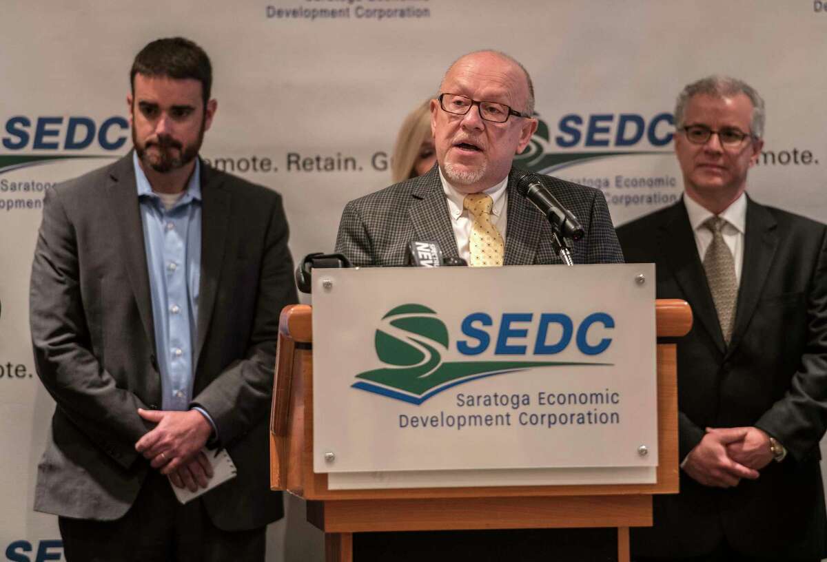Dennis Brobston, president of the SEDC speaks at the announcement of the EDI Squared initiative at a press conference held at the Saratoga Springs Holiday Inn Friday June 29, 2018 in Saratoga Springs, N.Y. (Skip Dickstein/Times Union)