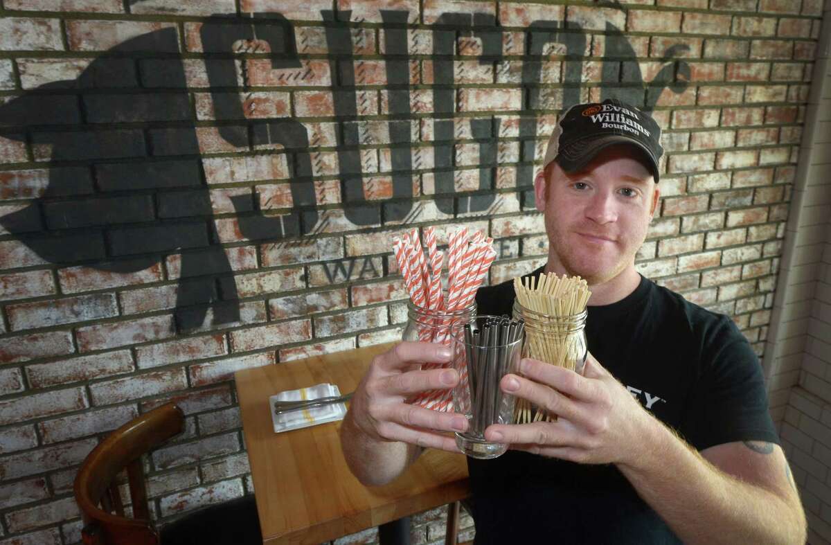 Bar Sugo owner Adam Roytman is partnering with Skip the Plastic Norwalk, a new group formed to reduce single-stream plastic, at his restaurant with plastic free straw options Wednesday, June 27, 2018, in Norwalk, Conn. Skip the Plastic Norwalk, who hopes to reduce plastic pollution and harm to wildlife, is kicking off the summer with a campaign, Skip the Straw.