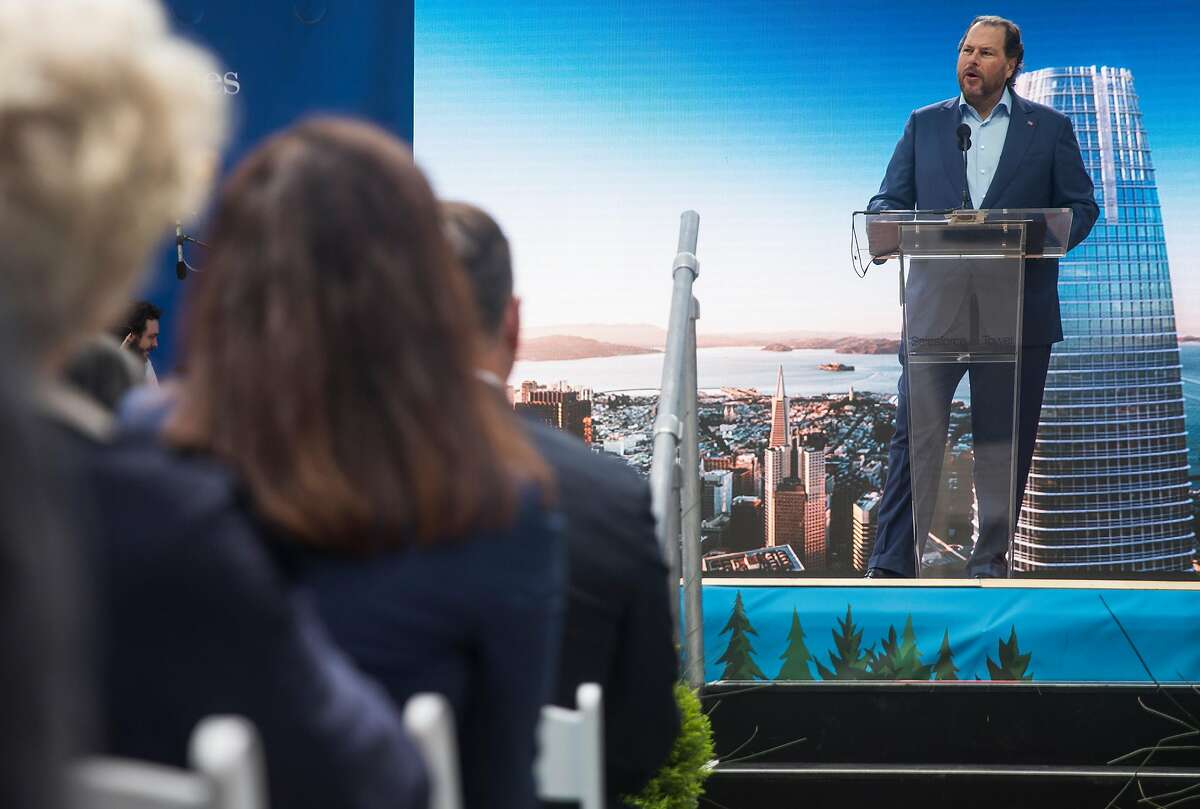 Salesforce CEO Marc Benioff speaks during the grand opening ceremony of the Salesforce Tower in San Francisco, Calif. Tuesday, May 22, 2018.
