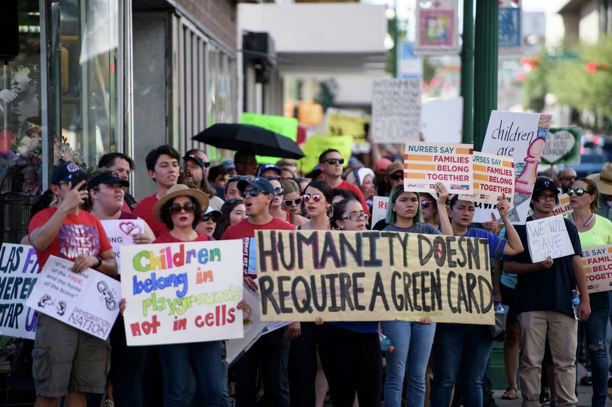 Activists march during a rally to protest the process of separating children from adults during detention when they cross the US border without the proper papers June 21, 2018 in El Paso, Texas. Republicans postponed a key June 21 vote on US immigration reform until next week in Congress, as the party's divided factions failed to agree on legislation that addresses the family separation crisis. / AFP PHOTO / Brendan SmialowskiBRENDAN SMIALOWSKI/AFP/Getty Images
