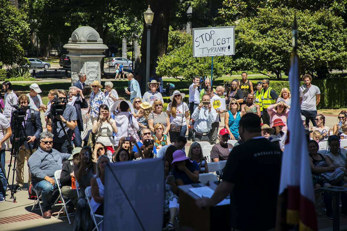 Opponents of a bill that would limit "conversion therapy" for gays rally outside the Capitol in Sacramento in June 2018.