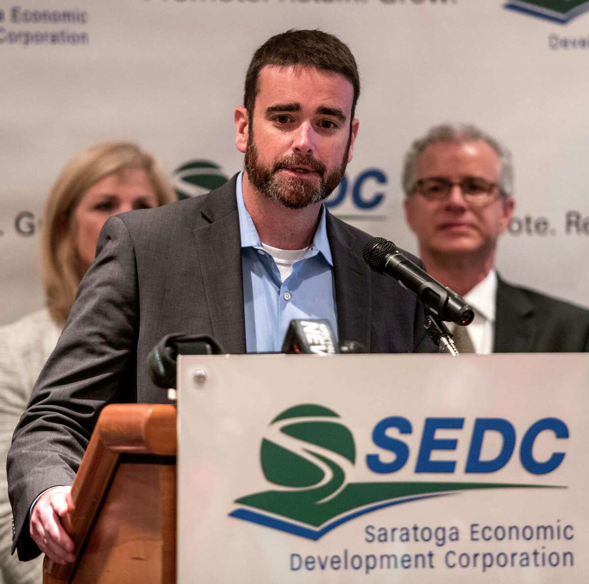 Andrew Kennedy, CEO, Center for Economic Growth speaks at the announcement of the EDI Squared initiative at a press conference held at the Saratoga Springs Holiday Inn Friday June 29, 2018 in Saratoga Springs, N.Y. (Skip Dickstein/Times Union)