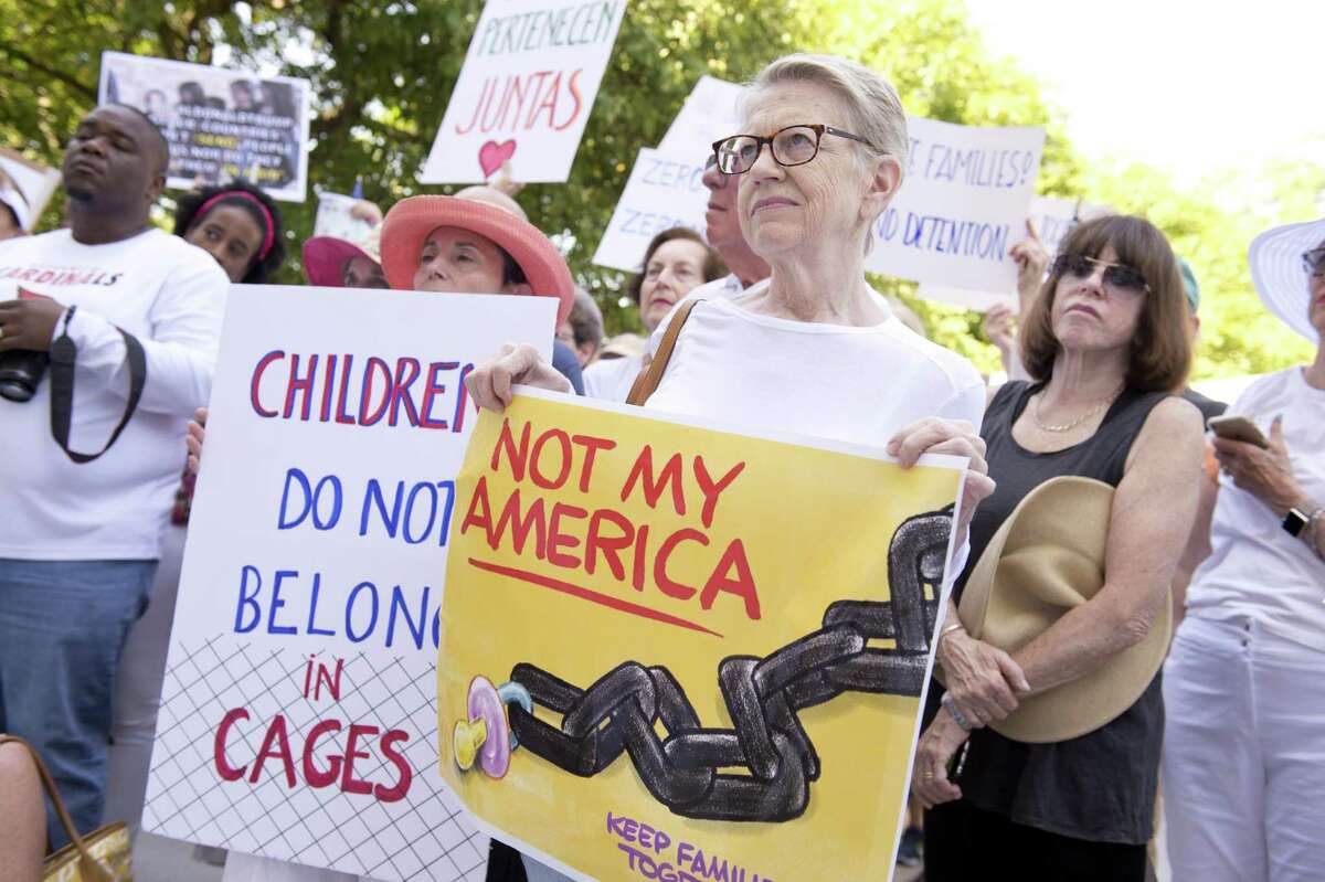 Deborah Gabbai of Riverside participates in a rally at Greenwich Town Hall, one of hundreds around the country, to protest family separation at the border on Saturday, June 30, 2018.