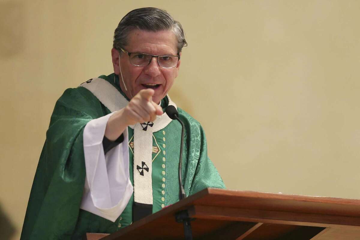 San Antonio Archbishop Gustavo Garcia-Siller delivers the Homily during a Mass in honor of American labor leader and civil rights activist Cesar Chavez, at San Fernando Cathedral, Sunday, July 1, 2018. A prayer for migrants and refugees was offered at the end of the service.