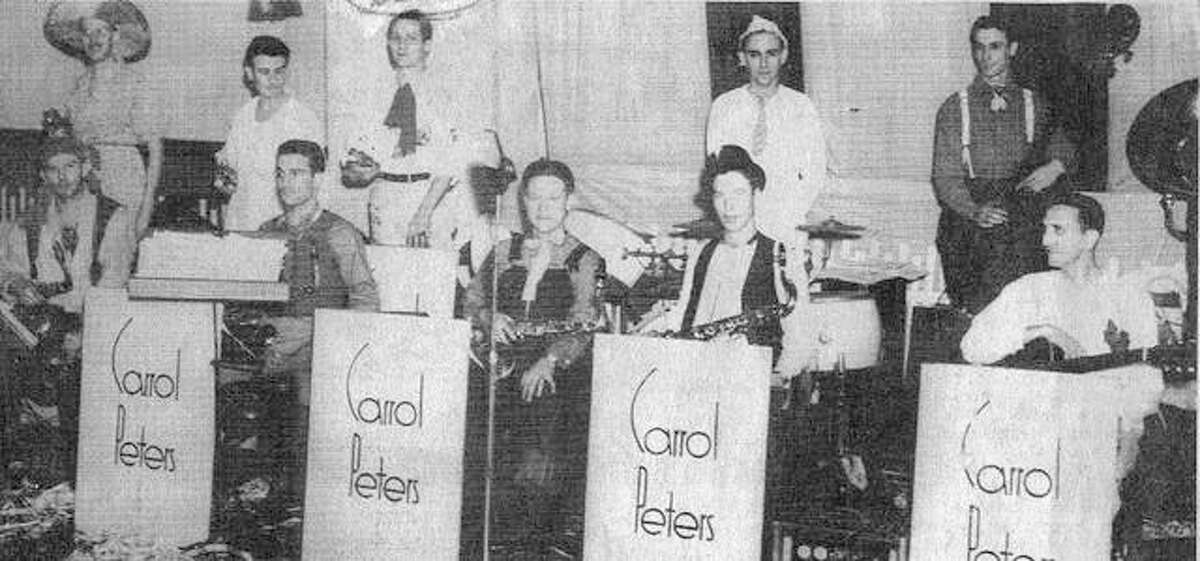 This popular Carroll Peters Orchestra played for many social events in Alton, including the dances of the DeMolay and Rainbow Masonic organizations, and for college and high school dances. The band broke up after the younger members were drafted at the start of World War II. On the saxophones, from left, Ed Hayes, Art Laux, Les Hoeber and Merle Mussel; on guitar, Joe Crivello; trumpets, Red Harlow, George Loveless and Barney Viviano. Playing the drums was Al Favre and the boss, Tom Head. It was popular for its “big band” sound.
