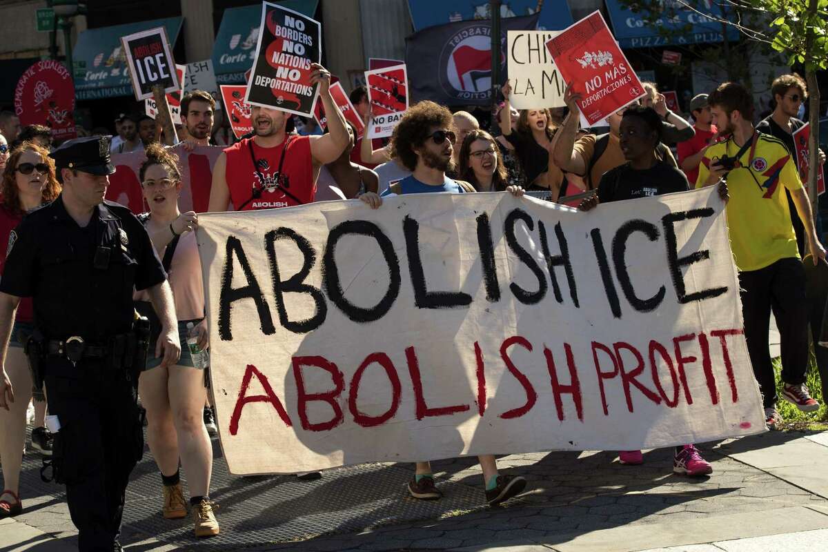 NEW YORK, NY - JUNE 29: Activists march and rally against Immigration and Customs Enforcement (ICE) and the Trump administration's immigration policies, near the ICE offices in Federal Plaza, June 29, 2018 in New York City. The rally was organized by the Democratic Socialists of America and they are calling for the full abolition of ICE. Earlier this week, Sen. Kirsten Gillibrand (D-NY) became the first sitting senator to advocate for the elimination of ICE. (Photo by Drew Angerer/Getty Images)