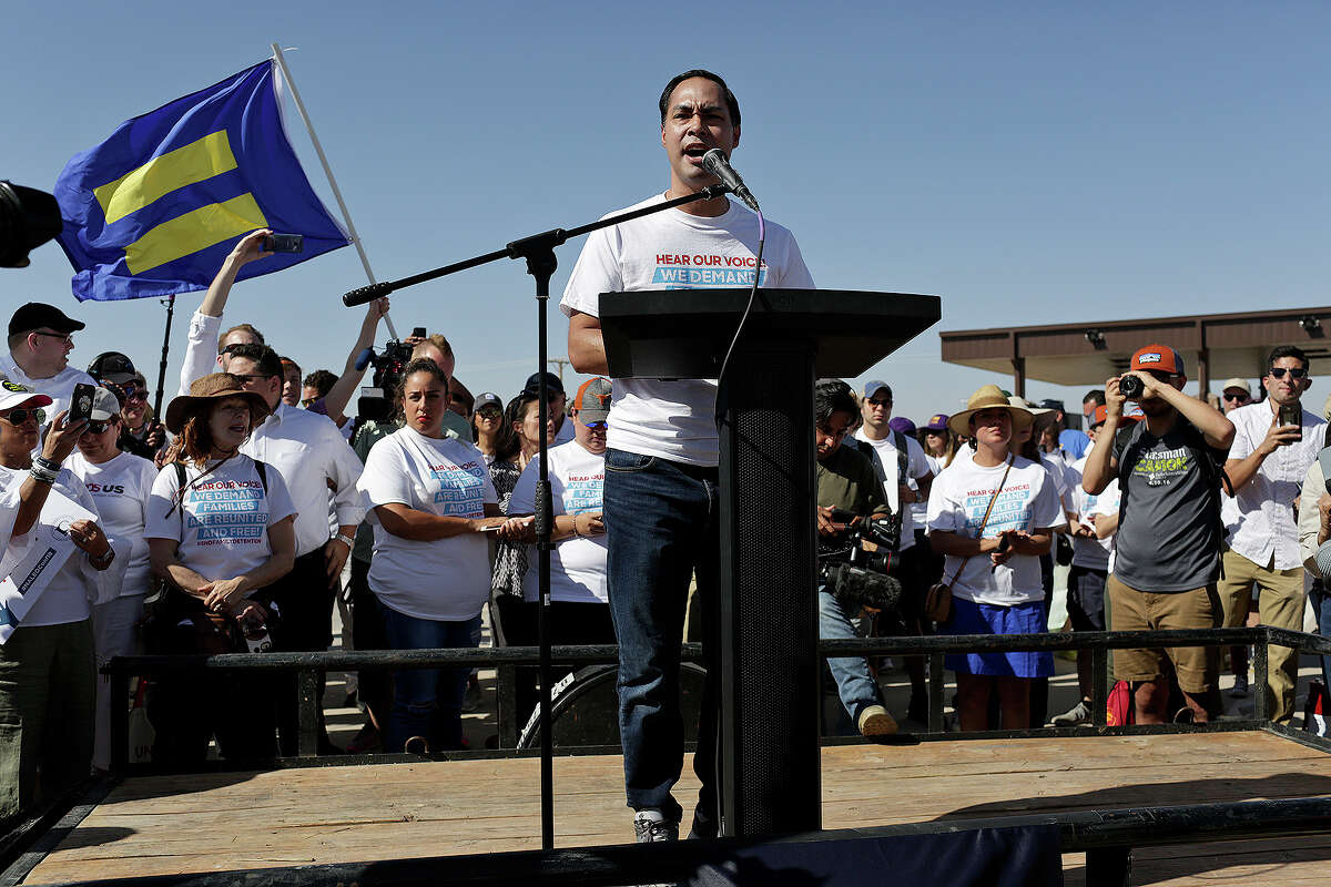 Julian Castro, former mayor of San Antonio and former U.S. Housing and Urban Development Secretary, speaks during the Voto Latino StopSeparation.org rally outside the "tent city," for immigrant children separated from their parents after crossing illegally into the U.S. or seeking asylum, at the Marcelino Serna Port of Entry in Tornillo on June 24, 2018.