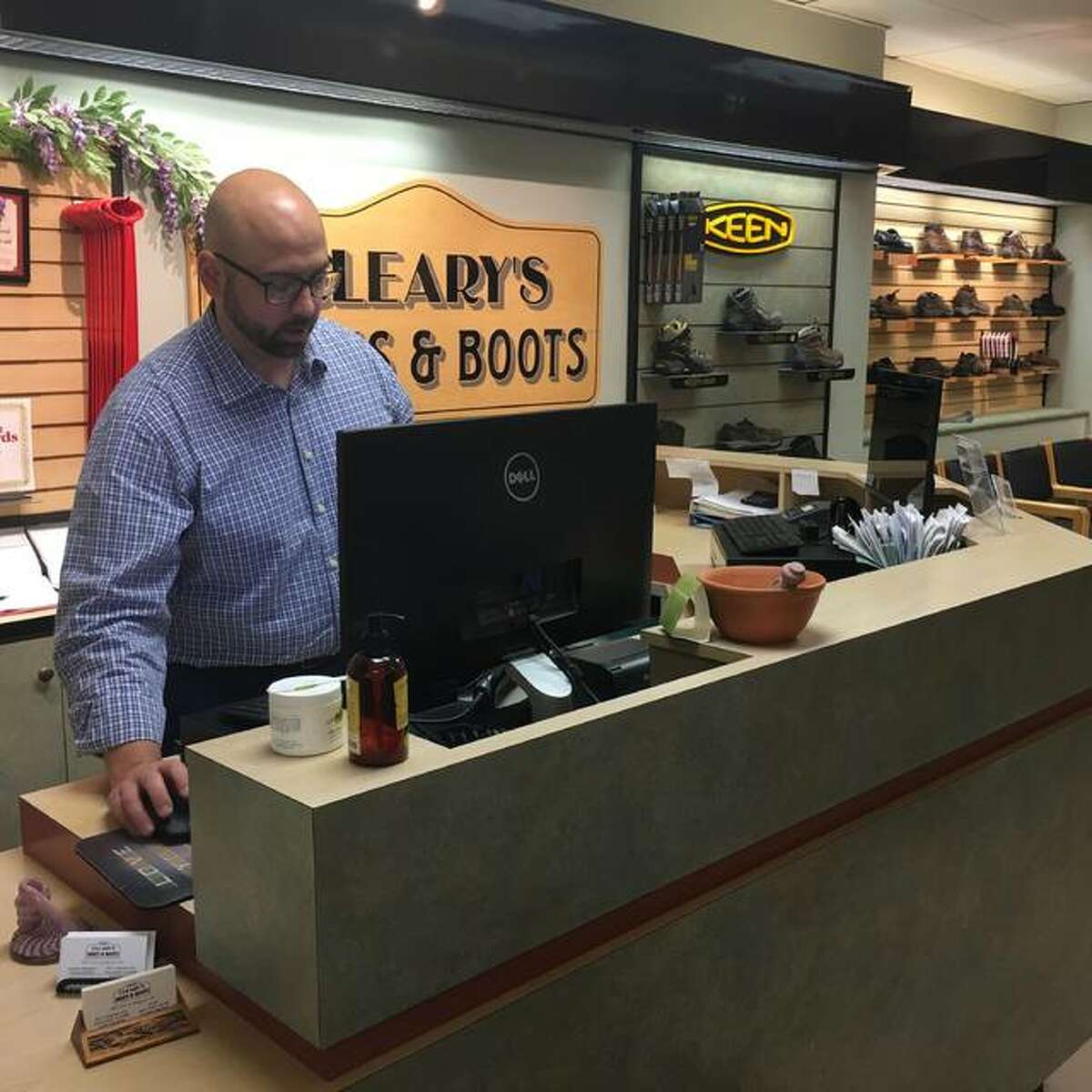 Cleary’s Shoes & Boots new owner, Andrew Hagopian, a certified pedorthist, works in all aspects of the store: on the sales floor, shoe repair and specialized custom work in pedorthics, which is the design, manufacture, modification and fit of footwear to alleviate problems caused by disease, overuse, congenital condition or injury.