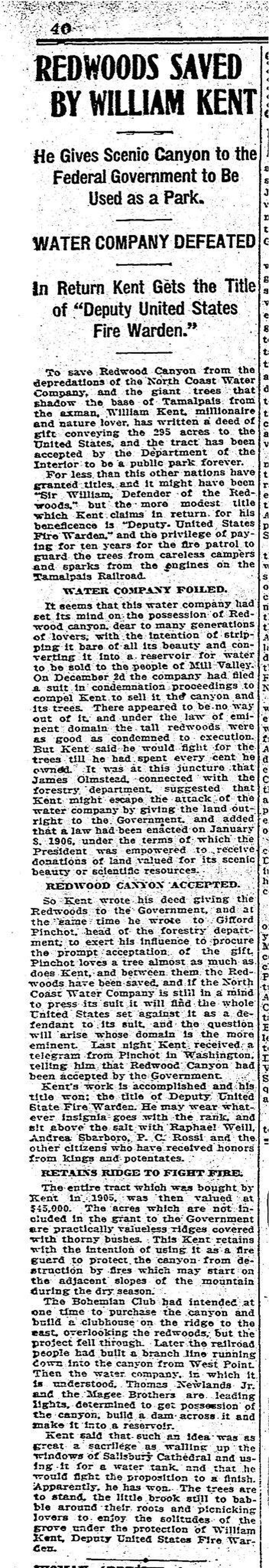 January 5, 1908 Chronicle article on William Kent donating Muir Woods