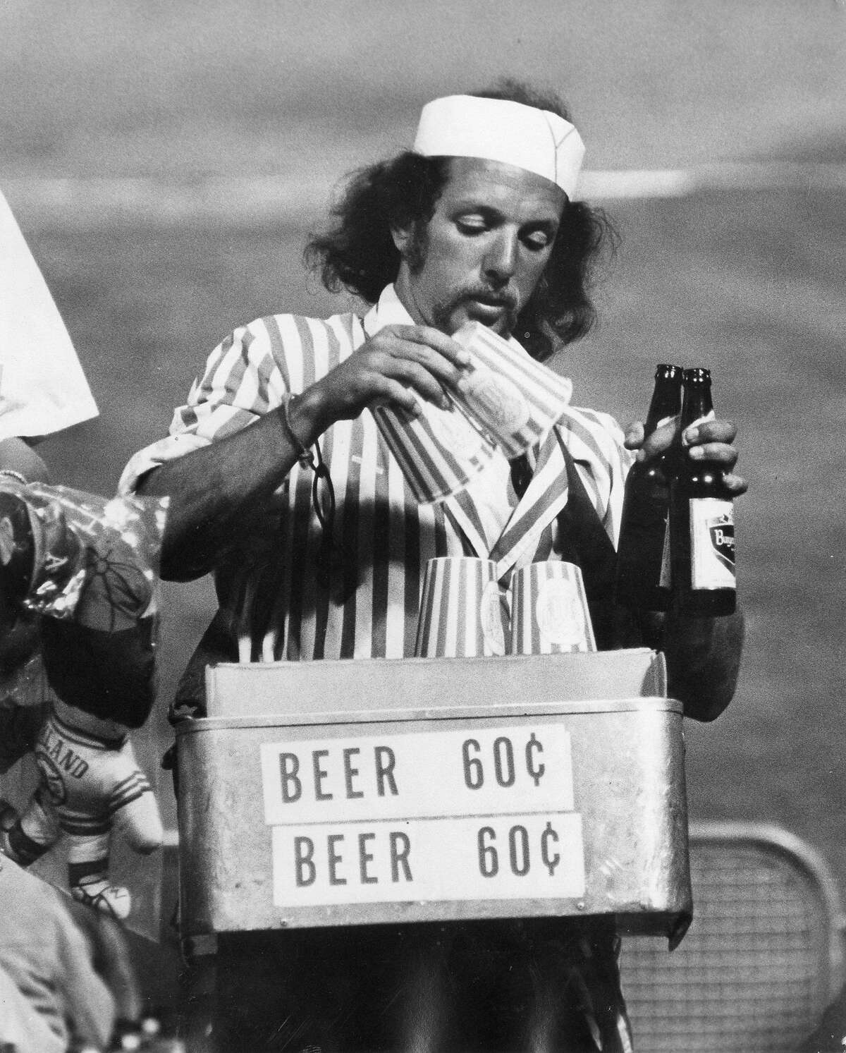 Bob Jacobs sells beer at an A’s game in 1974.