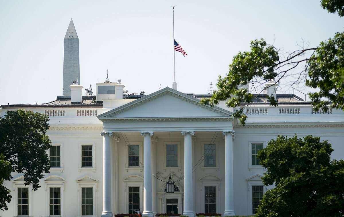 The American flag flies at half-staff to honor victims of last week’s Capital Gazette shooting, at the White House in Washington, July 3, 2018. President Donald Trump ordered the measure; earlier, the mayor of Annapolis, Gavin Buckley, said an initial request, submitted through the Maryland congressional delegation, was denied. (Doug Mills/The New York Times)
