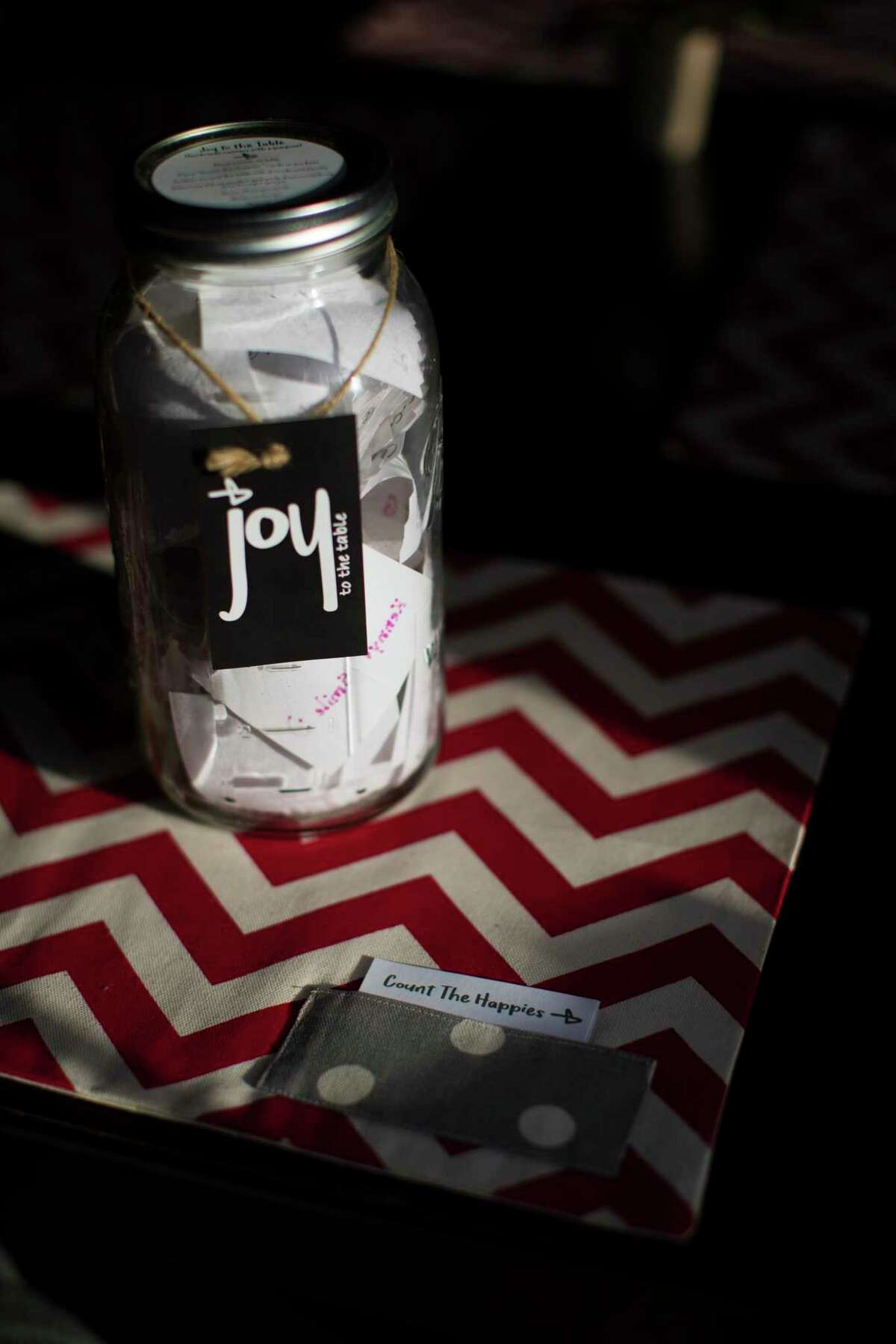 Joy To The Table includes a handmade table runner. or 4 placemates and 50 "Count the Happies" cards to be inserted in the runners pockets. Each "joy" jar sells for $39.99 at www.joytothetable.com