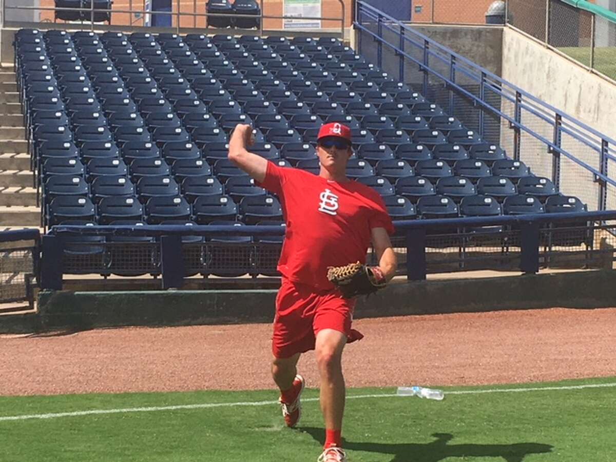 Springfield Cardinals pitcher and former Midland College standout Jason Zgardowski warms up prior to a game against the Midland RockHounds, Tuesday at Security Bank Ballpark. Will Korn/Reporter-Telegram.