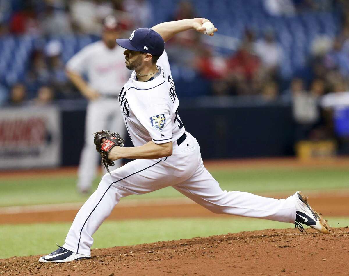 Tampa Bay Rays relief pitcher Austin Pruitt delivers a pitch in the ninth inning against the Washington Nationals Monday, June 25, 2018 in St. Petersburg, Fla. The Rays won 11-0.(Chris Urso/Tampa Bay Times/TNS)