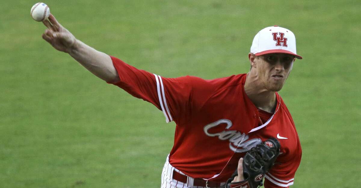 Houston pitcher Andrew Lantrip (13) pitches in the first inning of an NCAA college baseball regional tournament game against LSU in Baton Rouge, La., Monday, June 2, 2014. (AP Photo/Gerald Herbert)