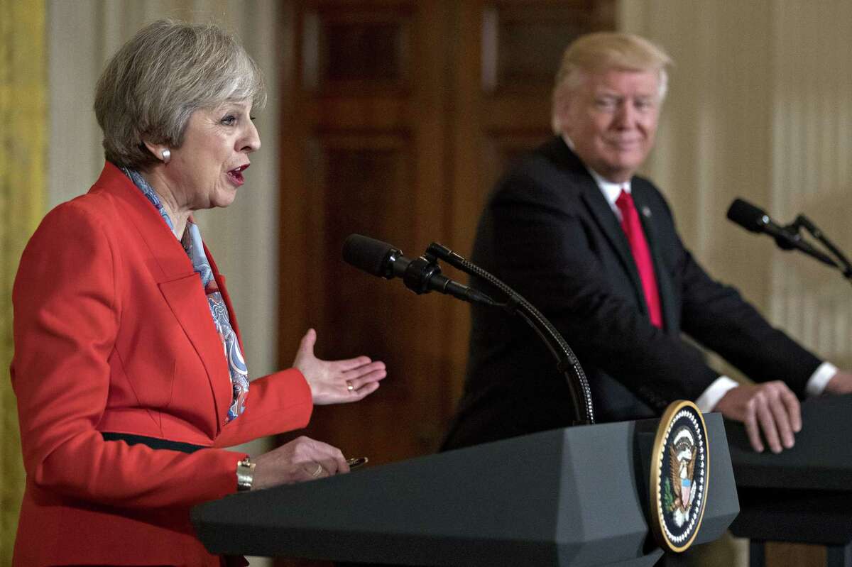 British Prime Minister Theresa May alongside President Trump at a news conference Jan. 27, 2017, in the East Room of the White House.
