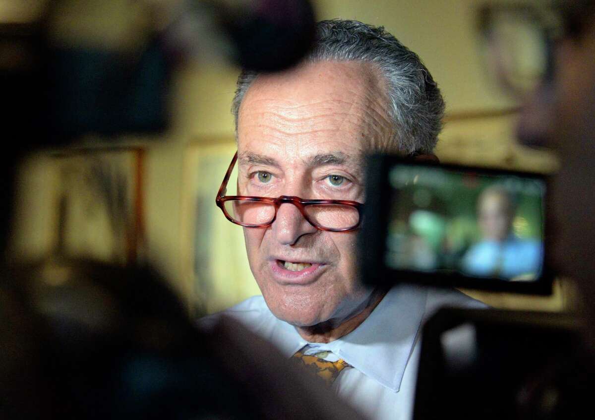 U.S. Senator Charles E. Schumer speaks with reporters following a tour of Quad Graphics Thursday July 5, 2018 in Saratoga Springs, NY. (John Carl D'Annibale/Times Union)