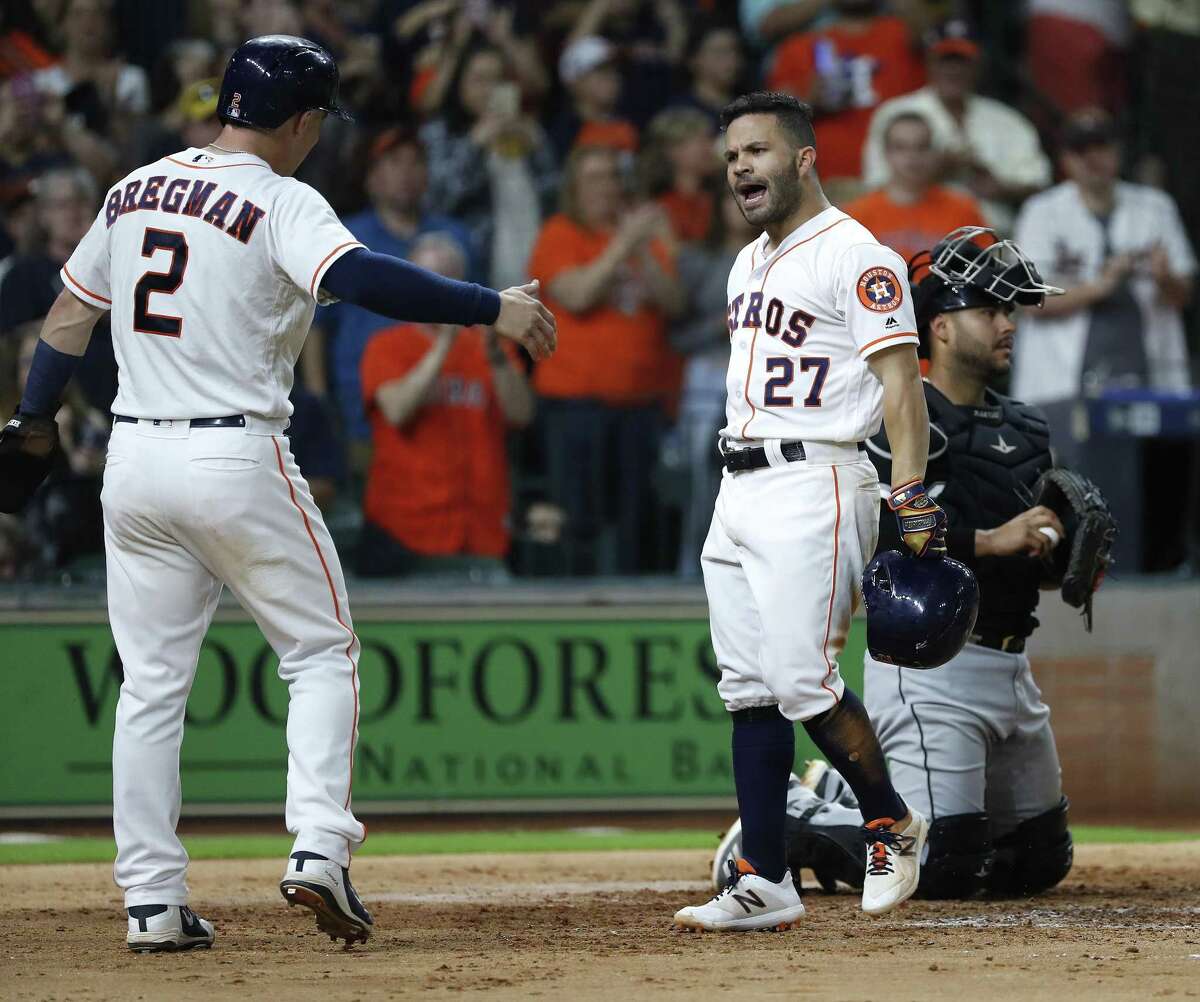 PHOTOS: Astros vs. White Sox Jose Altuve, right, celebrates with Alex Bregman after Altuve’s two-run home run off Carlos Rodón of the White Sox during the fifth inning Thursday night at Minute Maid Park. Browse through the photos to see action from the Astros game against Chicago on Thursday.