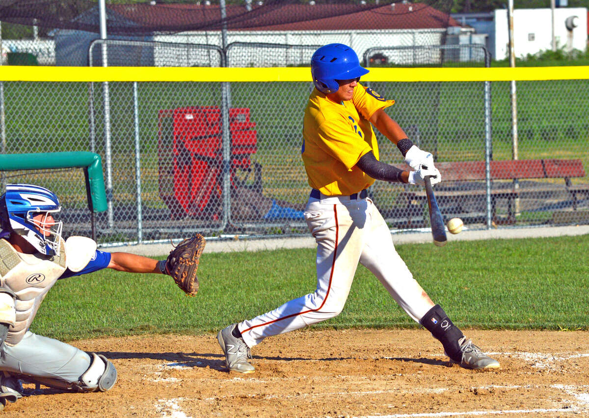 Post 199’s Chase Gockel gets an RBI single during the second inning of Friday's game at New Athens.