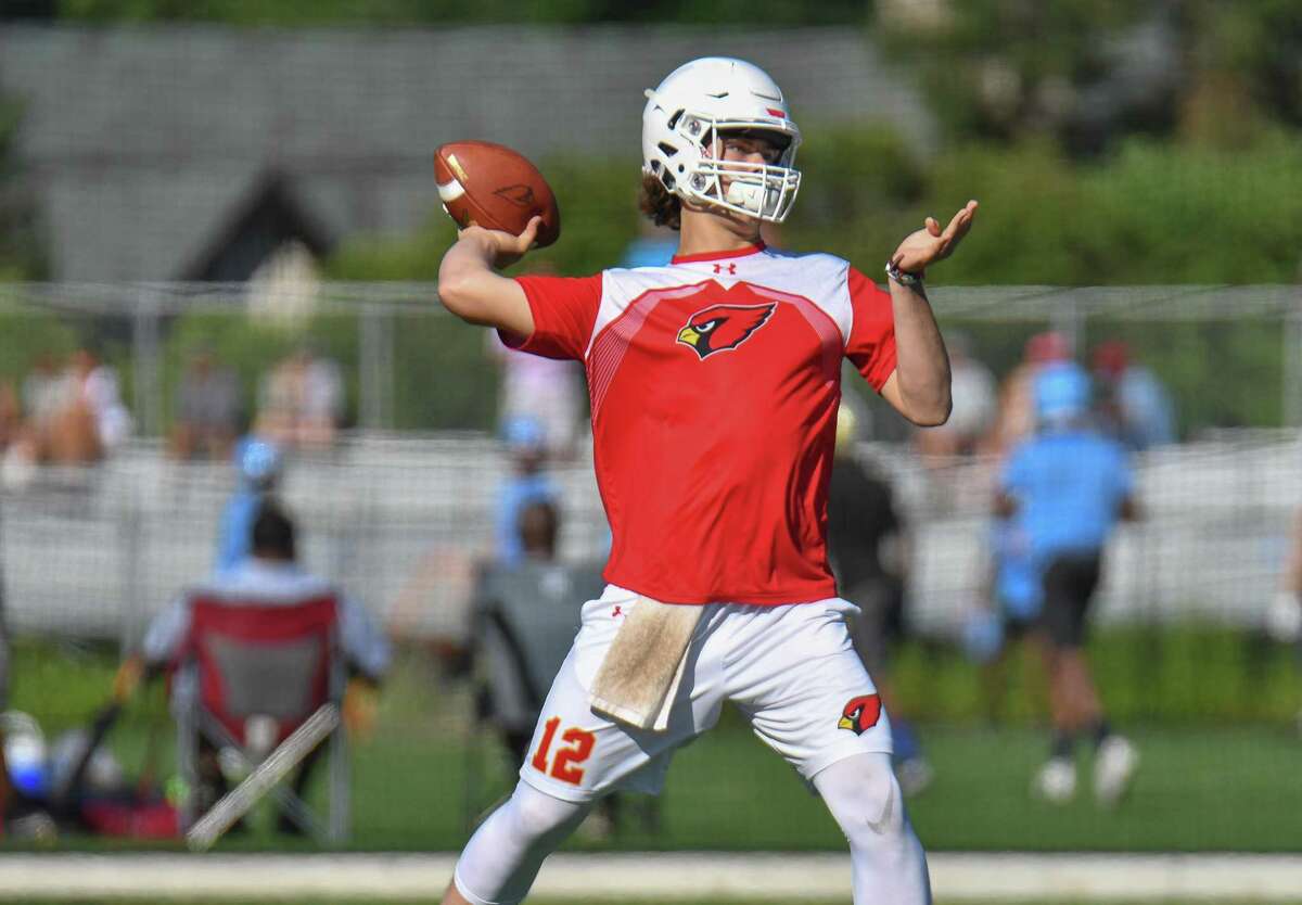 Quarterback Gavin Muir of the Greenwich Cardinals passes during the 11th Annual Grip It and Rip It competition on Saturday July 7, 2018 at New Canaan High School in New Canaan, Connecticut.
