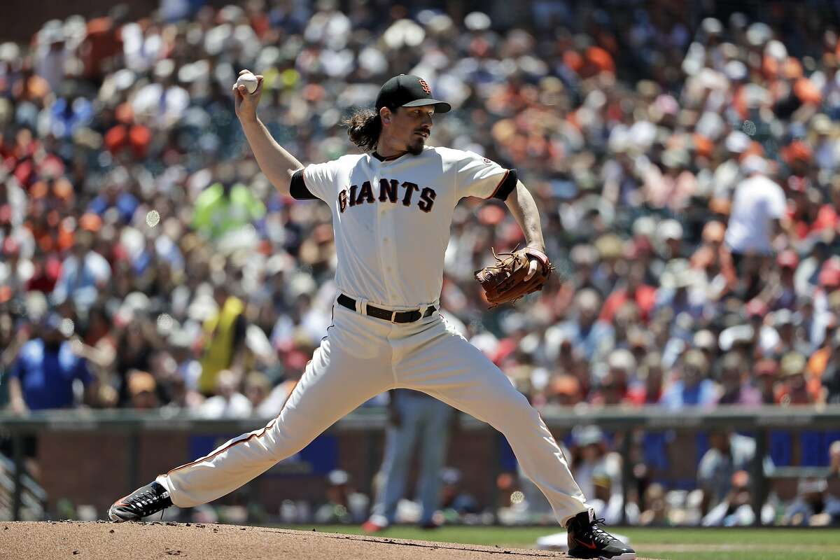 San Francisco Giants starting pitcher Jeff Samardzija throws to the St. Louis Cardinals during the first inning of a baseball game Saturday, July 7, 2018, in San Francisco. (AP Photo/Marcio Jose Sanchez)