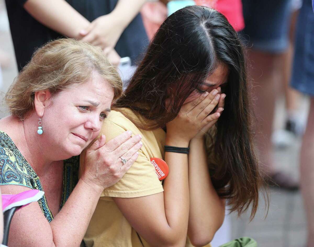 An attendee gets emotional during Santa Fe student, Esta O'Mara's speech during the Road to Change tour stop at city hall on Sunday, July 8, 2018 in Houston. (Elizabeth Conley/Houston Chronicle)