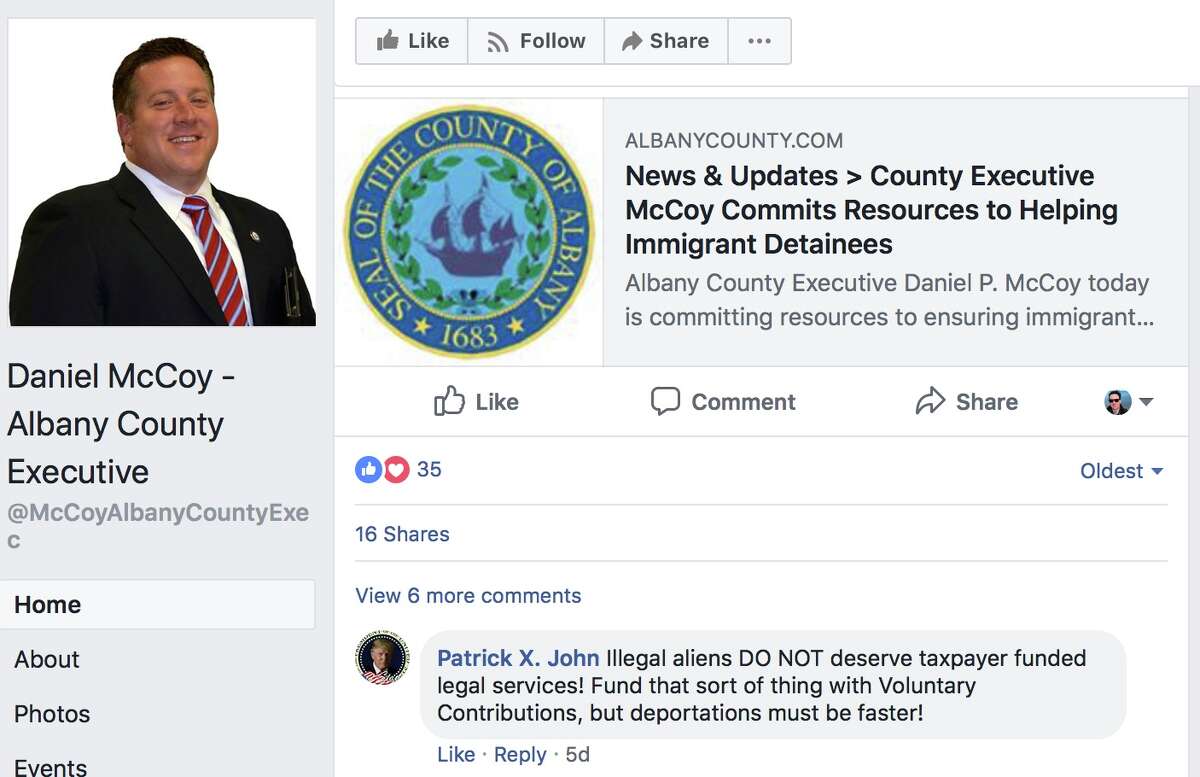 Screen grab from the Albany County Executive's facebook page. Daniel McCoy's facebook page appears to delete, or hide, posts they don't like.