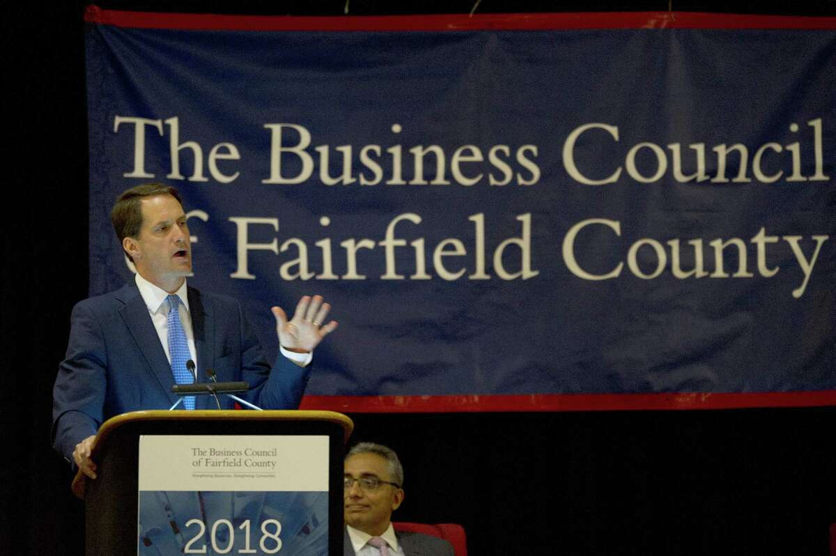 Congressman Jim Himes, a Democrat who represents the Fourth District covering Fairfield County, gives the keynote address at The Business Council of Fairfield County's annual meeting at the Crowne Plaza hotel in Stamford, Conn., on Monday, July 9, 2018.