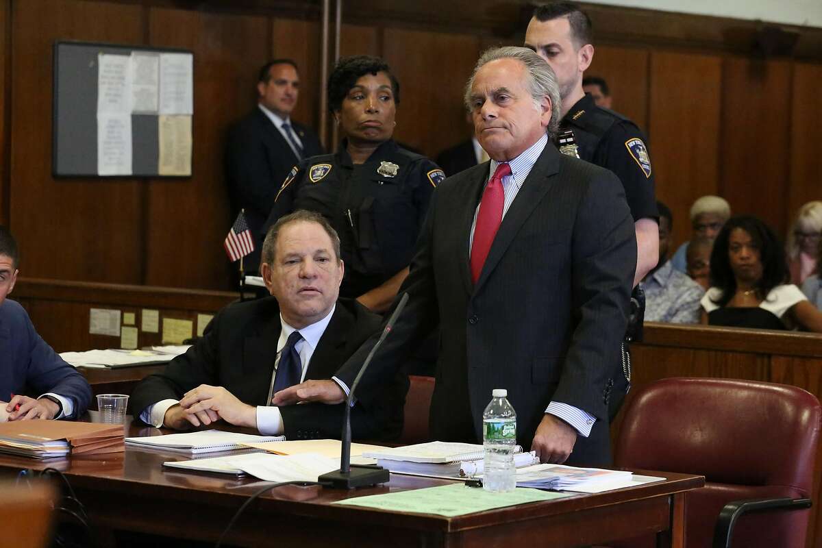Harvey Weinstein appears at his arraignment in Manhattan Supreme Court on Monday, July 9, 2018. Weinstein, previously arrested for sexual assault against two accusers, was arraigned on three new charges including criminal sexual act and predatory sexual assault involving a third female accuser. Standing at right is his attorney, Ben Brafman. (Jefferson Siegel/New York Daily News/TNS)