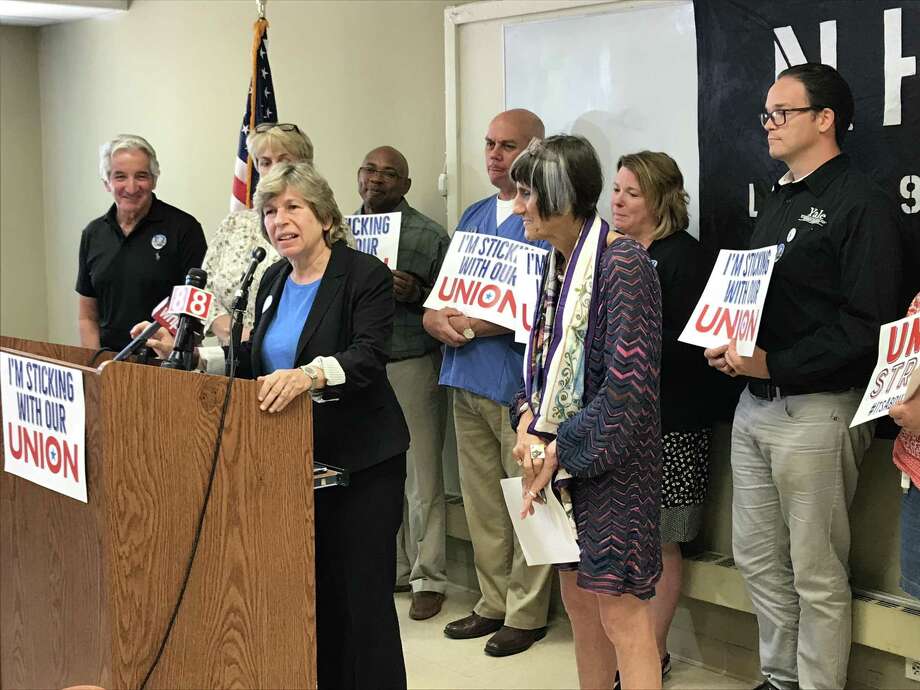 American Federation of Teachers President Randi Weingarten speaks during a press conference in New Haven Tuesday. U.S. Rep. Rosa DeLauro, D-3, is at right. Photo: Brian Zahn / Hearst Connecticut Media