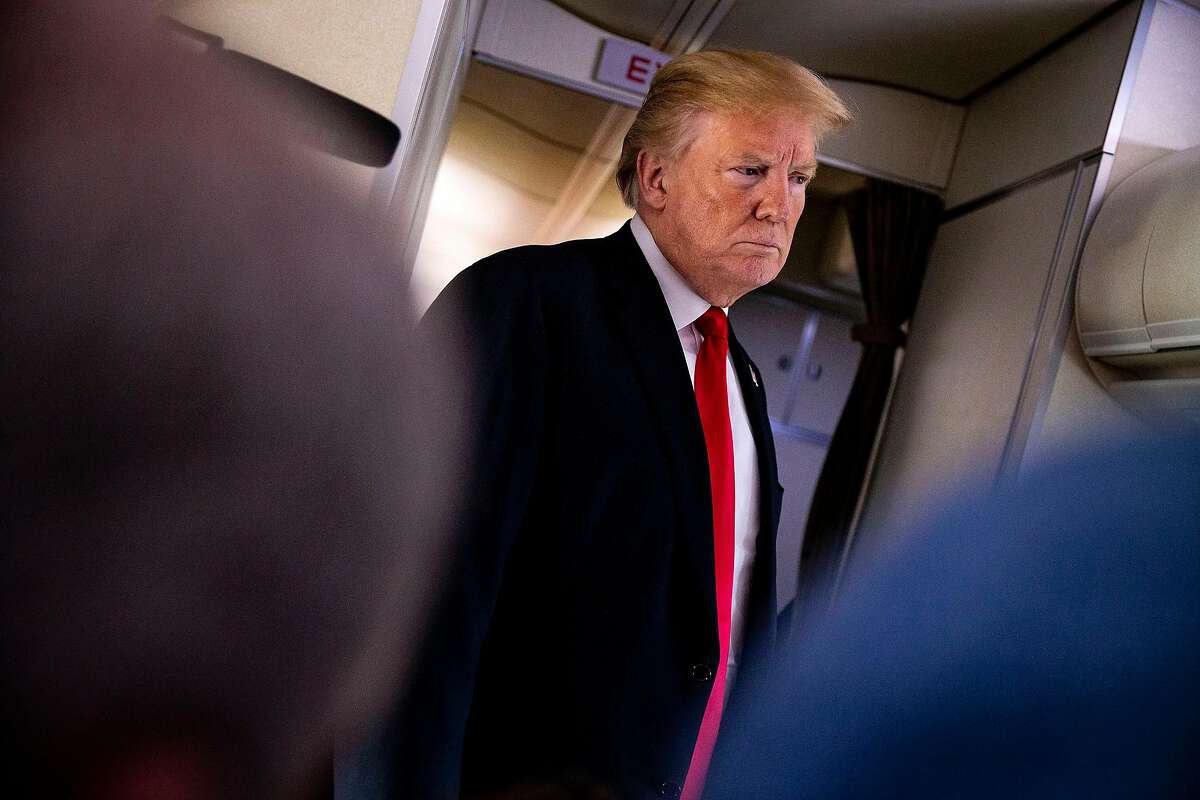 FILE -- President Donald Trump speaks to reporters mid-flight aboard Air Force One from Joint Base Andrews, Md., June 29, 2018. American presidents are usually seen as leaders at NATO, but President Trump might play the role of agitator, sowing disagreement that would play into Russia�s hands. (Al Drago/The New York Times)