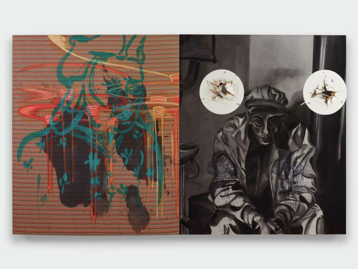 David Salle (American, 1952-) Miner, 1985 acrylic, oil, wooden and metal tables and fabric on canvas diptych 96