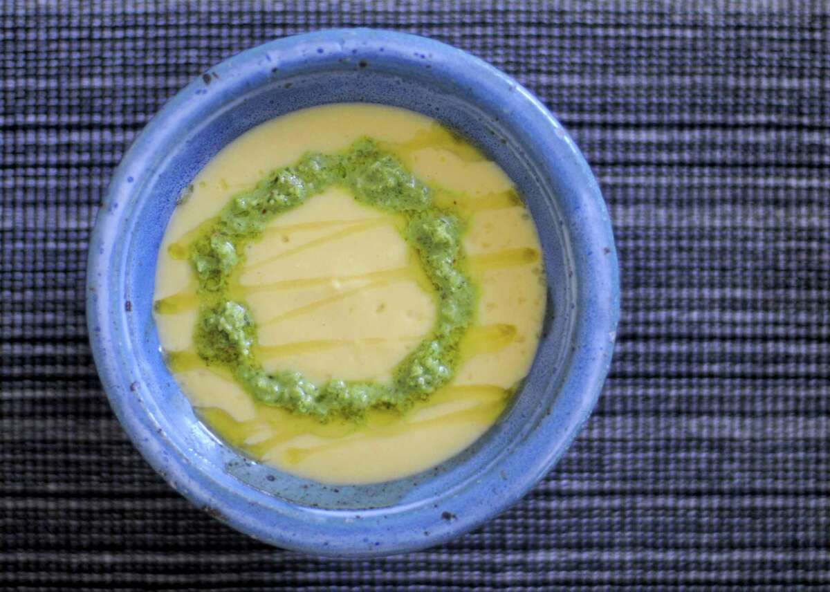 Silky Sweet Corn Soup with Indian Coconut-Cilantro Chutney.