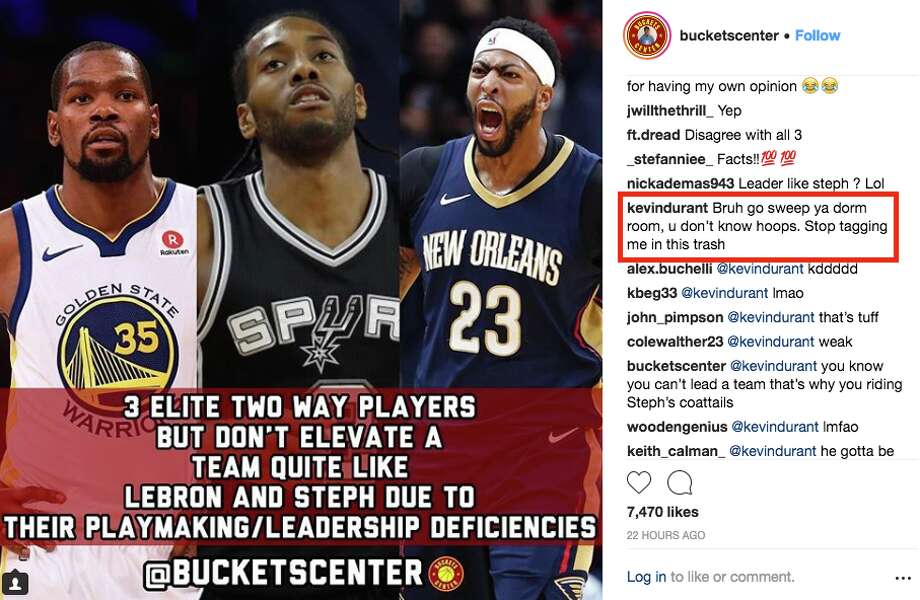 Kevin Durant's official Instagram account left this comment Tuesday. Photo: Screenshot Via Instagram