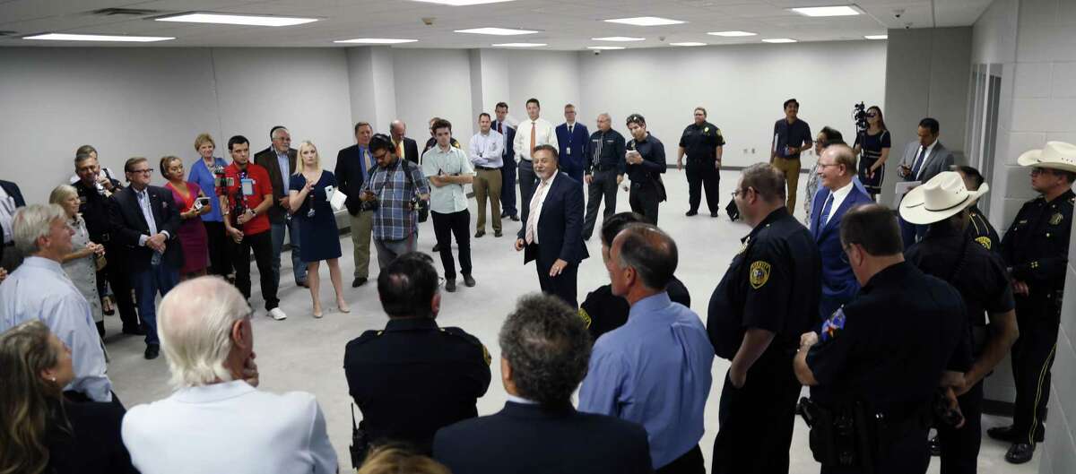 Mike Lozito, Director of Bexar County Judicial Services makes presentation to more than 20 mayors, city managers and police chiefs from Bexar County's suburban cities on a briefing and tour of Bexar County?’s Justice Intake & Assessment Center.Wednesday, July 11, 2018.