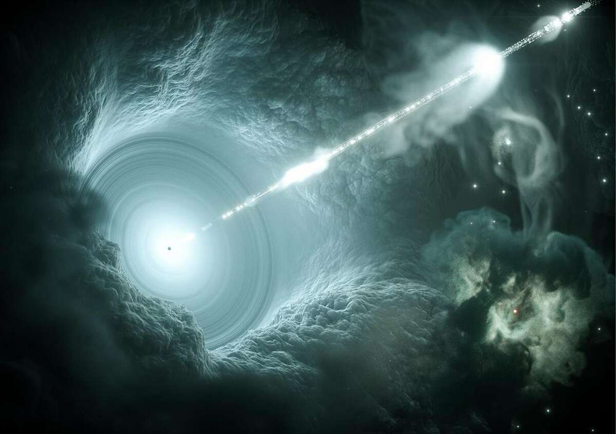 An artist's impression of the neutrino-emitting blazar. It's a supermassive black hole in the center of a galaxy that sends a narrow, high-energy jet of matter into space. (DESY, Science Communication Lab)