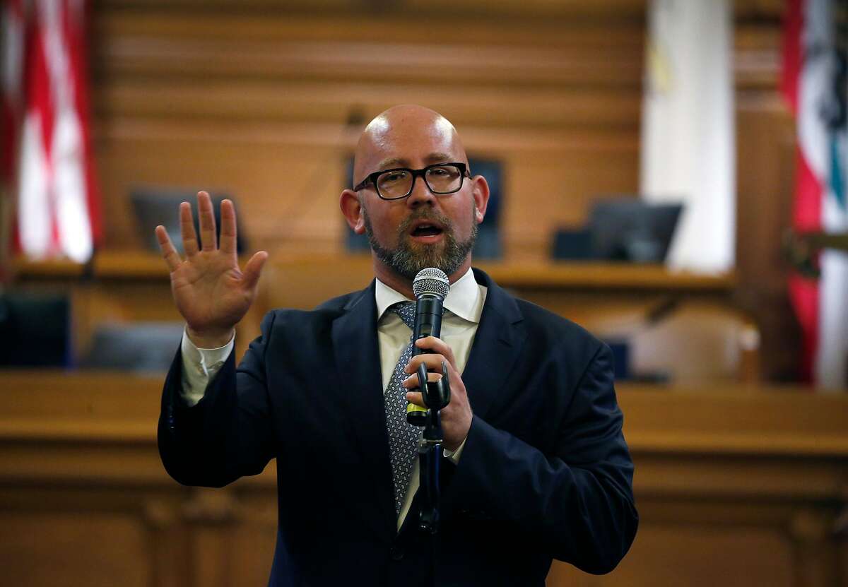 Rafael Mandelman thanks his supporters before he is sworn in by City Attorney Dennis Herrera as Supervisor for District 8 at City Hall in San Francisco, Calif. on Wednesday, July 11, 2018.