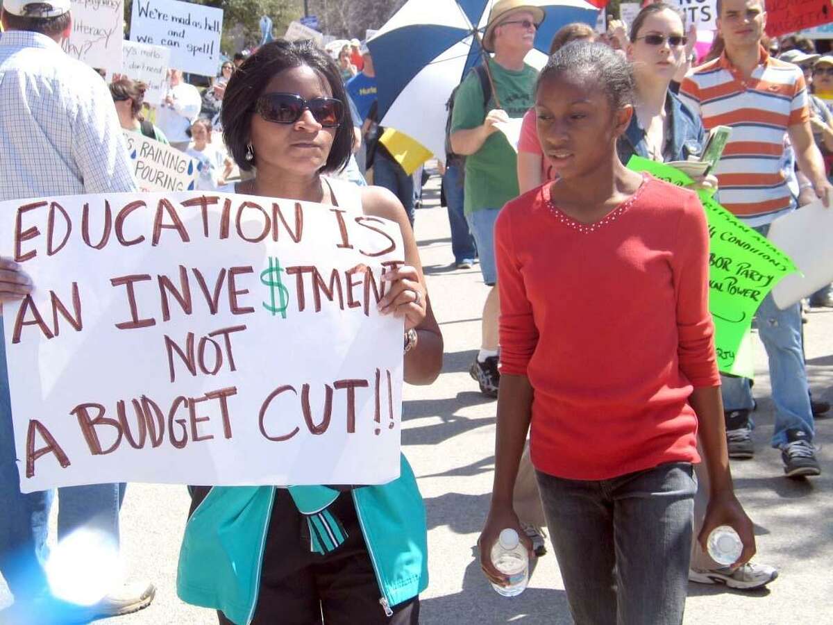 Citizens speak out over proposed cuts to public education funding at a rally organized by Save Texas Schools, a nonpartisan group of volunteers whose goal is to educate elected officials about the importance of maintaining funding for Texas public education.