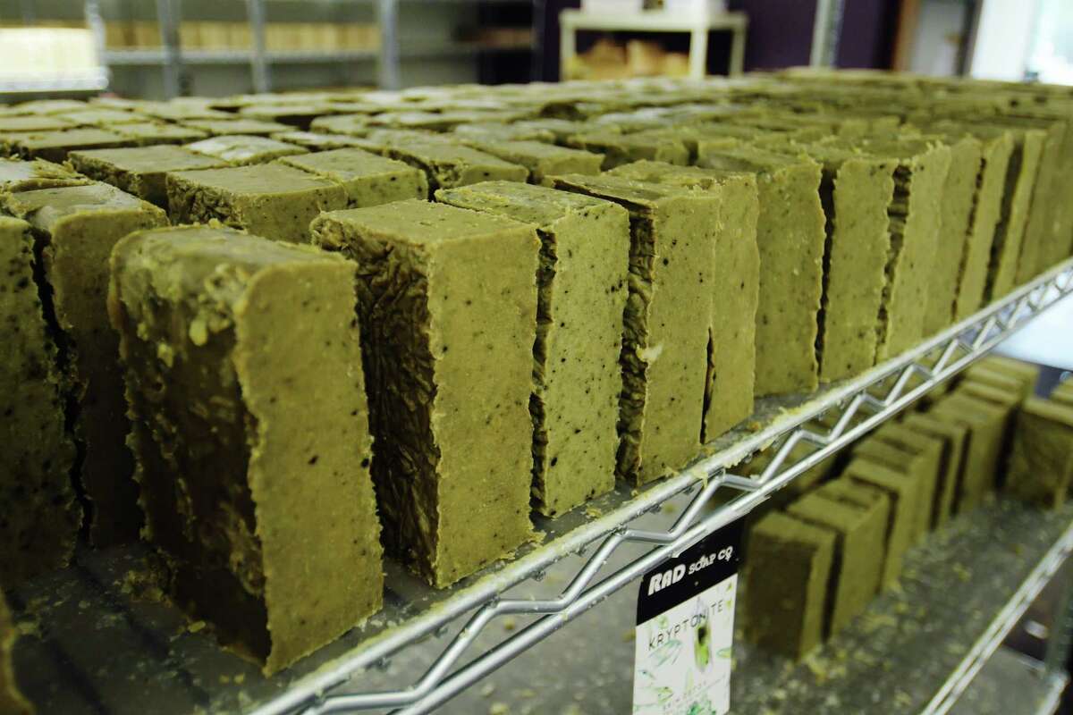 Bars of Kryptonite soap, an antibacterial soap, at the RAD Soap Co. are seen on a shelf in the shipping department on Wednesday, July 11, 2018, in Menands, N.Y. (Paul Buckowski/Times Union)