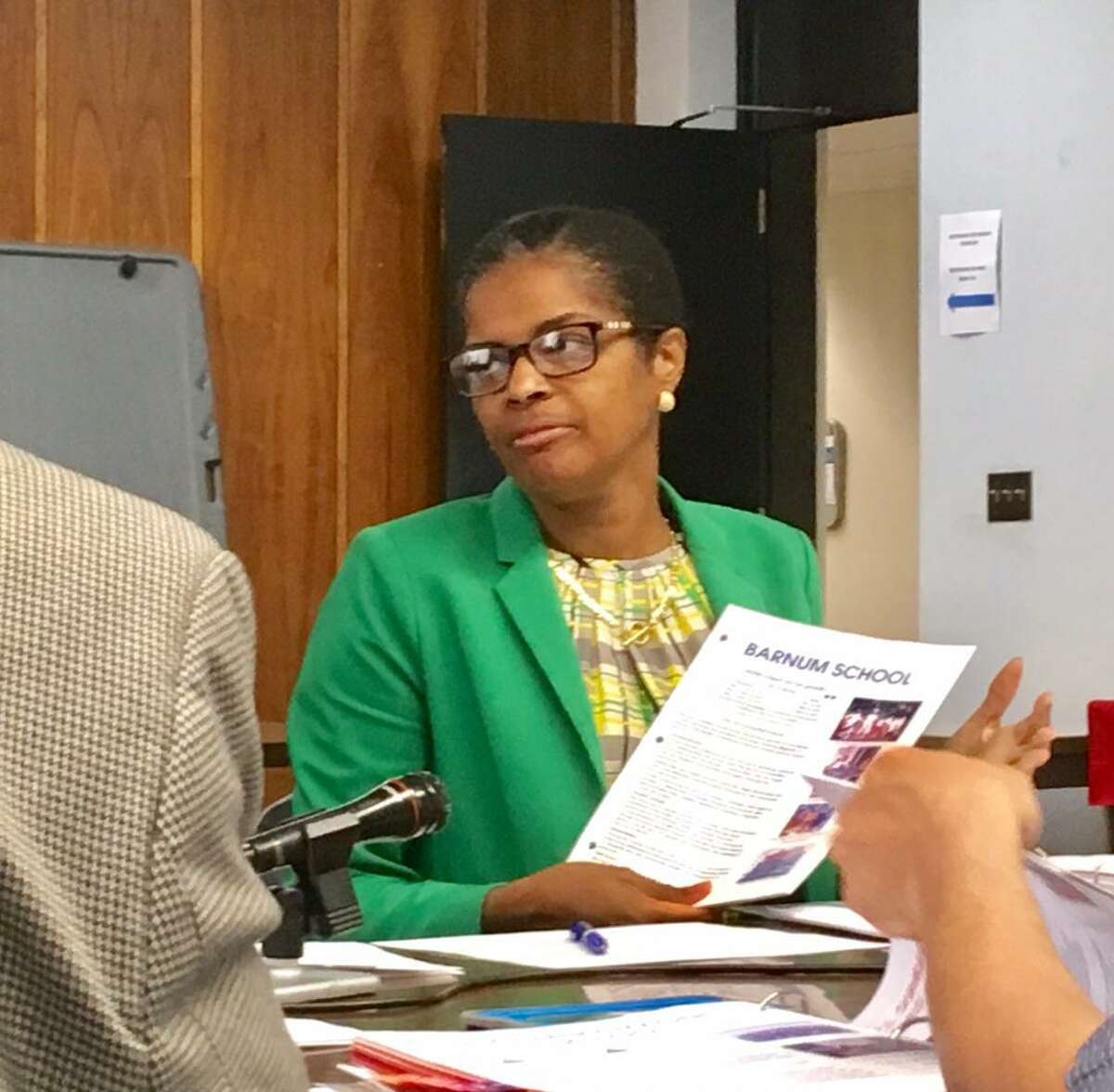Bridgeport Schools Superintendent Aresta Johnson presenting to the board during her evaluation. June 2018.