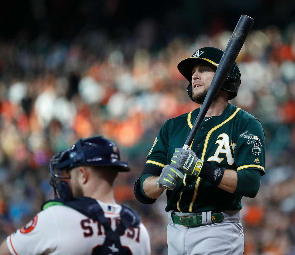 Oakland Athletics Jed Lowrie (8) at bat during the first inning of an MLB game at Minute Maid Park, Tuesday, July 10, 2018, in Houston. ( Karen Warren / Houston Chronicle )
