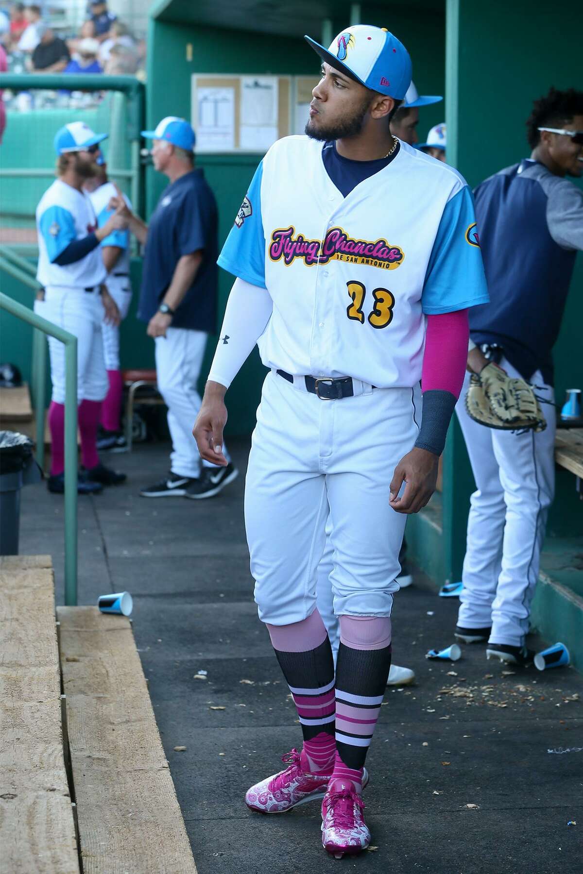 Fernando Tatis Jr. gets ready in the dugout for the start of the Flying Chanclas' game with Tulsa at Wolff Stadium on Thursday, May 24, 2018. MARVIN PFEIFFER/mpfeiffer@express-news.net