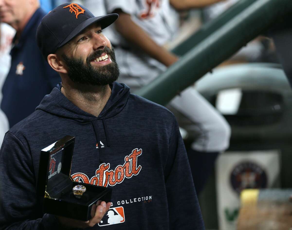 Mike Fiers (50) shows off his World Series Championship ring earned when he played with the Astros in 2017 at Minute Maid Park on Saturday, July 14, 2018. Fiers, now with the A's, revealed the club's sign-stealing scheme in November 2019.
