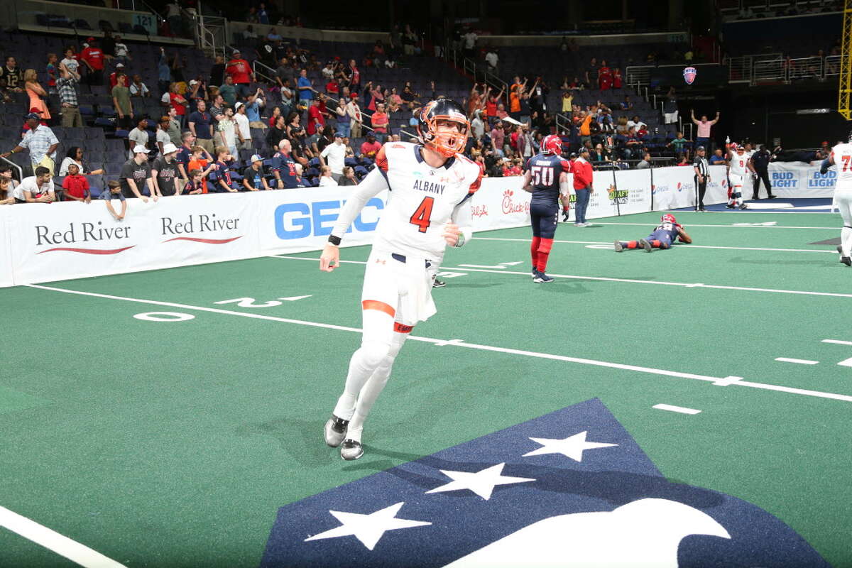 Albany quarterback Tommy Grady celebrates a score in the Empire's 57-56 overtime victory over Washington in their Arena Football League playoff game on Saturday, July 14, 2018. (Courtesy of Albany Empire)