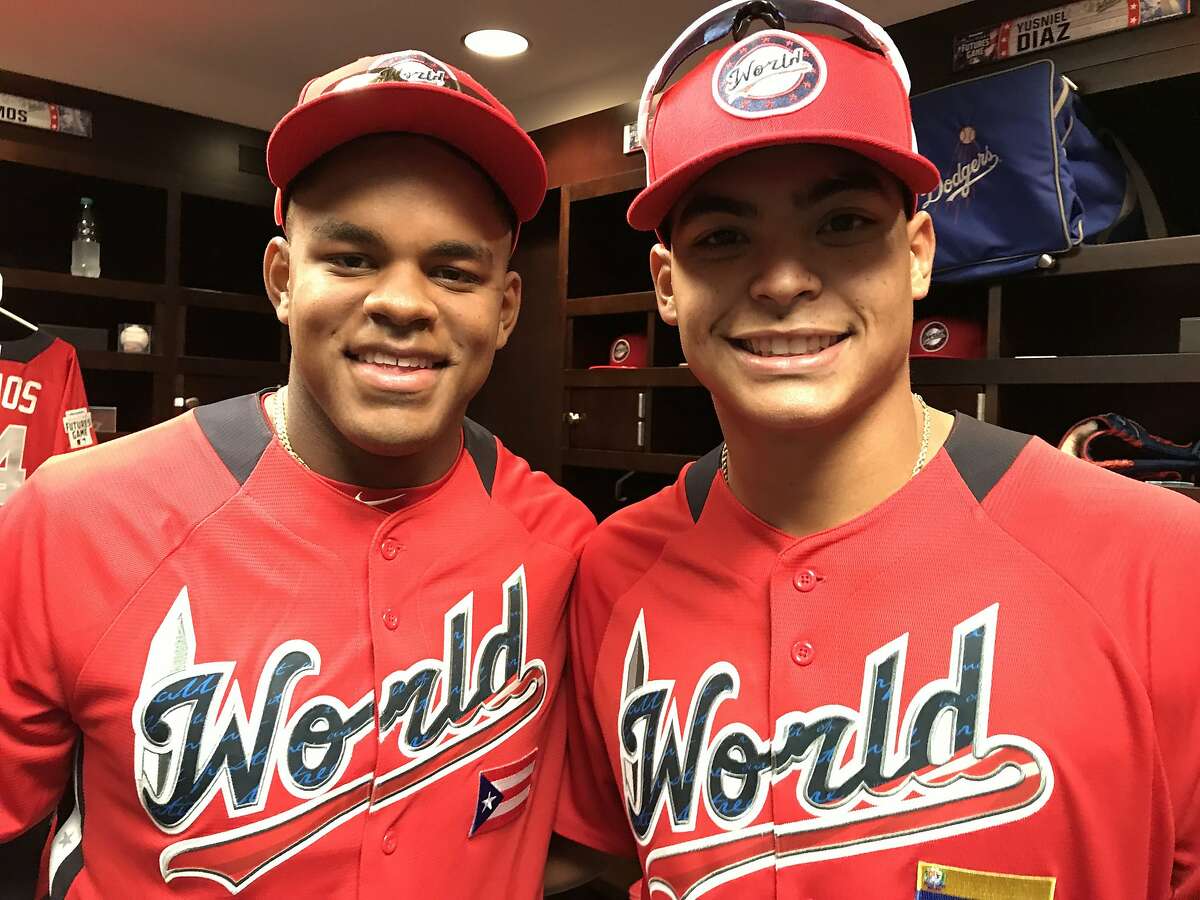 Outfielder Heliot Ramos, a San Francisco Giants prospect, left, and pitcher Jesus Luzardo, an Oakland Athletics prospect, at the Futures Game at Nationals Park in Washington D.C. on July 15, 2018
